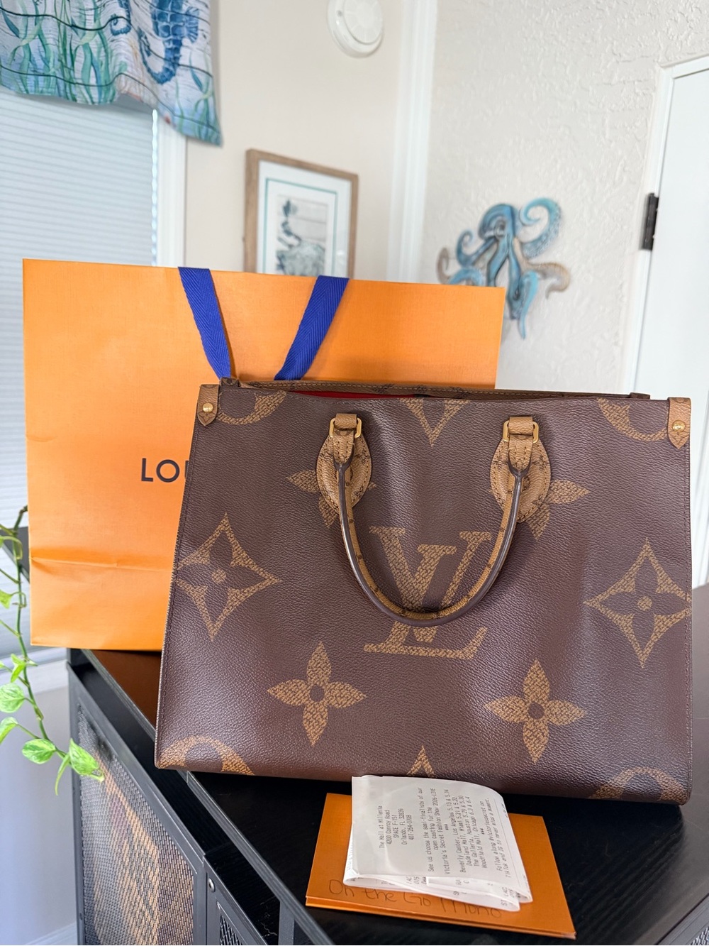 Louis Vuitton On the Go MM Giant Monogram Canvas Tote Tan Bag